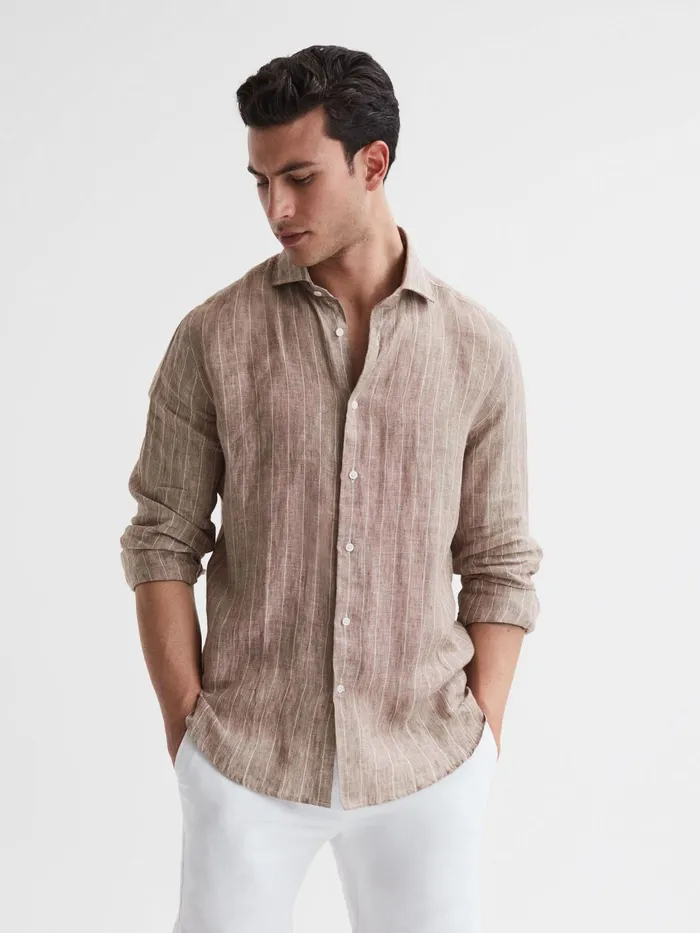 Reiss Shirts Ruban Linen Long Sleeve Shirt Oatmeal Wide Stripe 8211 Men