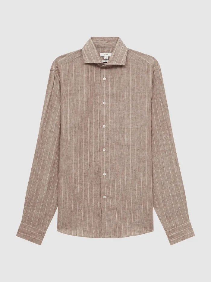 Reiss Shirts Ruban Linen Long Sleeve Shirt Oatmeal Wide Stripe 8211 Men