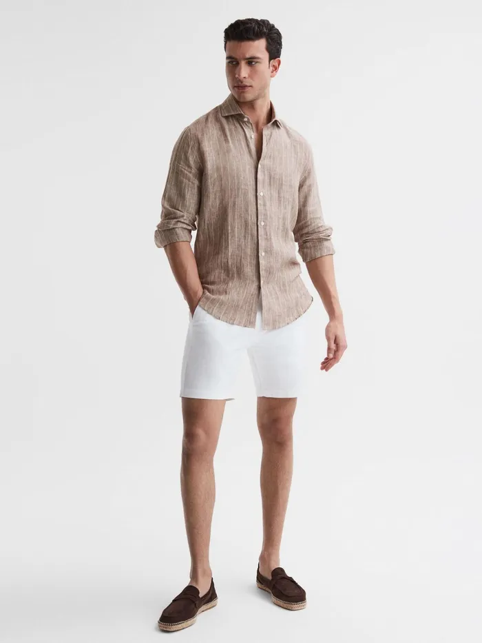 Reiss Shirts Ruban Linen Long Sleeve Shirt Oatmeal Wide Stripe 8211 Men