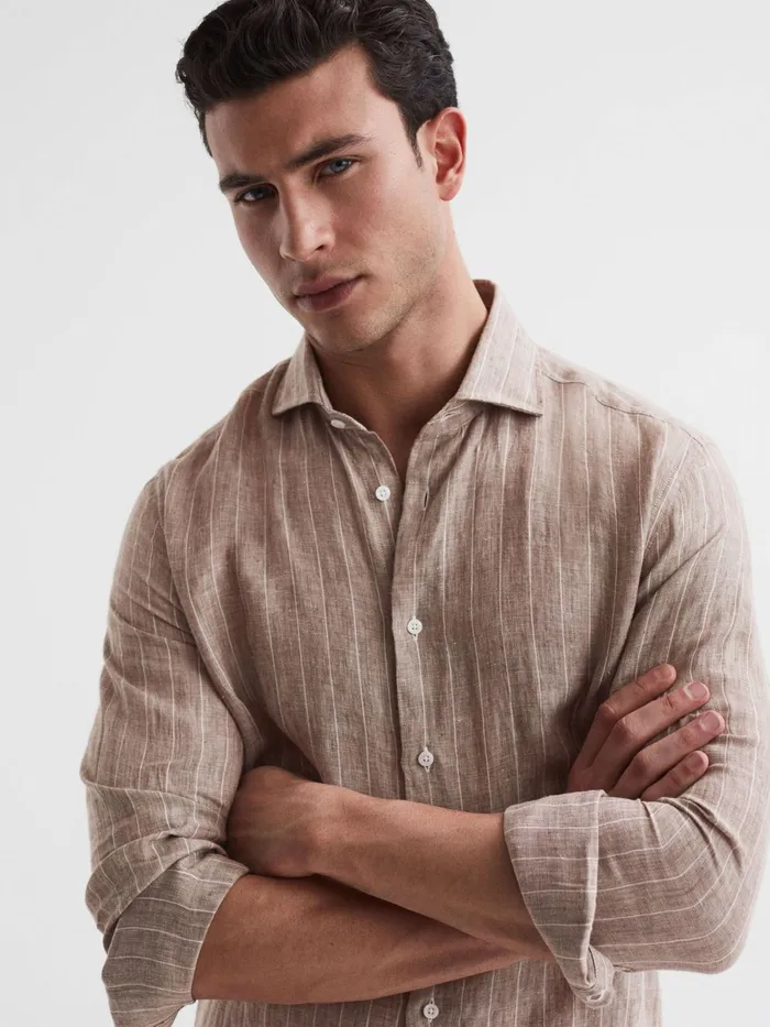 Reiss Shirts Ruban Linen Long Sleeve Shirt Oatmeal Wide Stripe 8211 Men