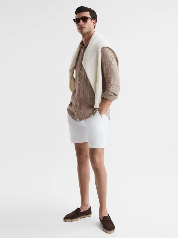 Reiss Shirts Ruban Linen Long Sleeve Shirt Oatmeal Wide Stripe 8211 Men