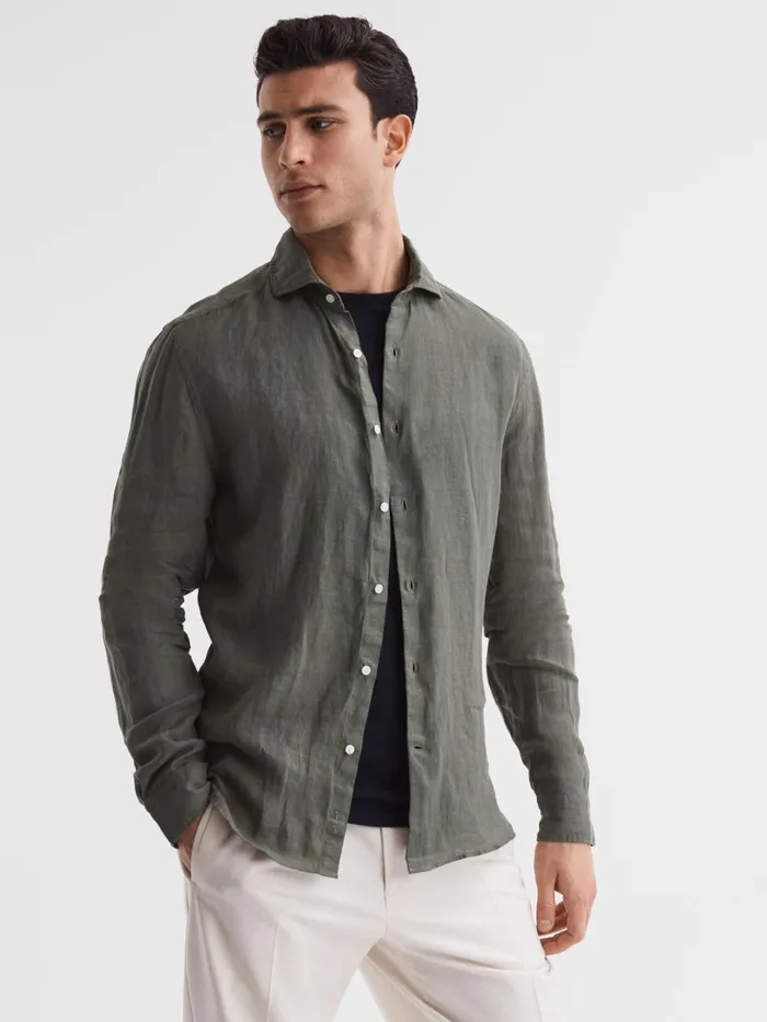 Reiss Shirts Ruban Linen Long Sleeve Shirt Olive 8211 Men