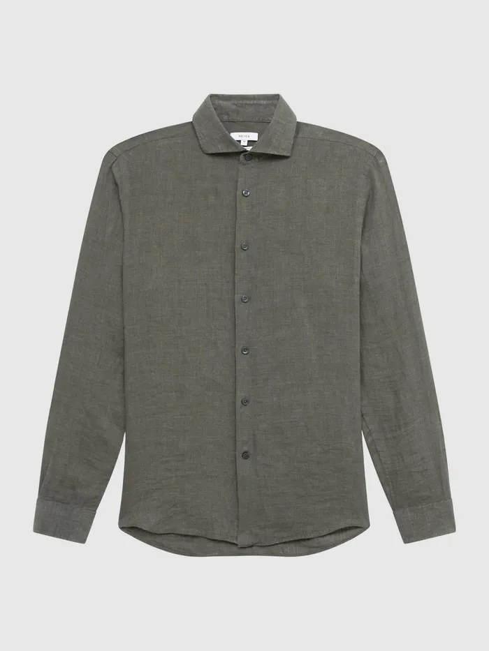 Reiss Shirts Ruban Linen Long Sleeve Shirt Olive 8211 Men