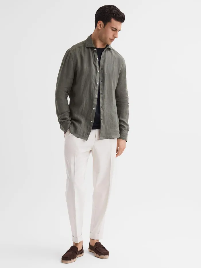 Reiss Shirts Ruban Linen Long Sleeve Shirt Olive 8211 Men