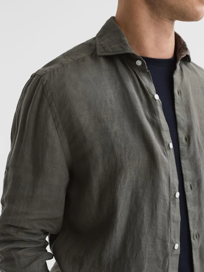 Reiss Shirts Ruban Linen Long Sleeve Shirt Olive 8211 Men