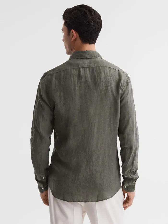 Reiss Shirts Ruban Linen Long Sleeve Shirt Olive 8211 Men