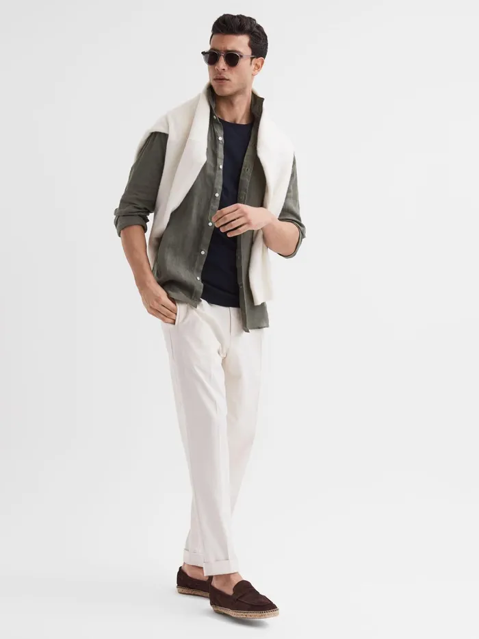 Reiss Shirts Ruban Linen Long Sleeve Shirt Olive 8211 Men