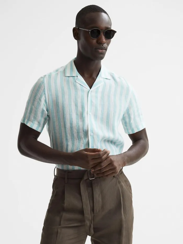 Reiss Shirts Rufus Regular Fit Linen Cuban Collar Shirt Aquamarine Stripe 8211 Men