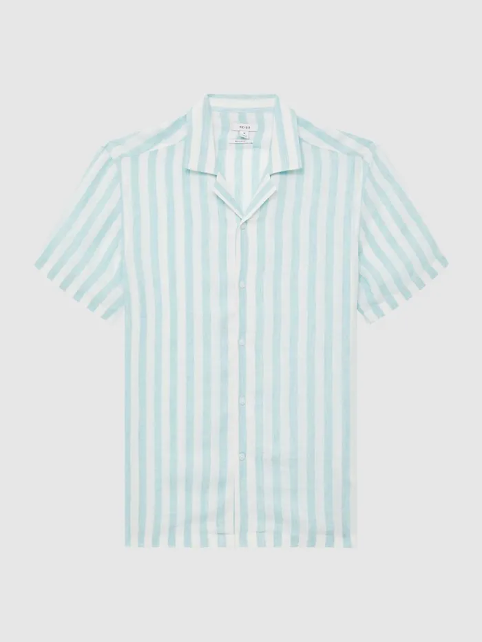 Reiss Shirts Rufus Regular Fit Linen Cuban Collar Shirt Aquamarine Stripe 8211 Men