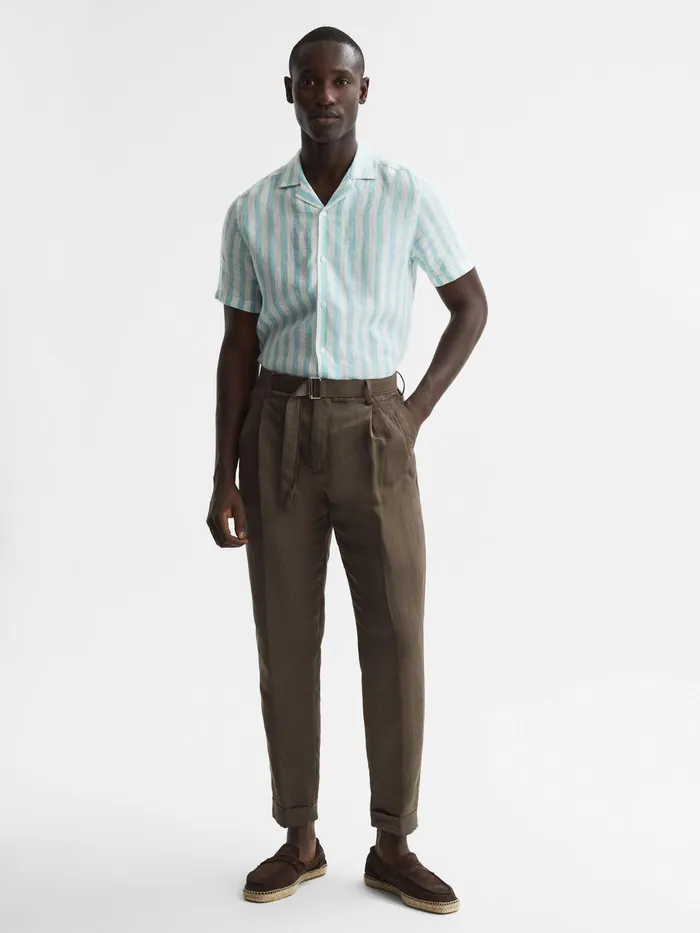 Reiss Shirts Rufus Regular Fit Linen Cuban Collar Shirt Aquamarine Stripe 8211 Men