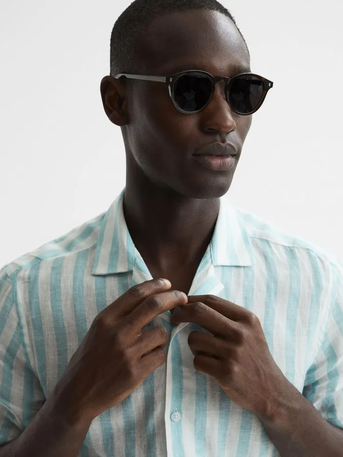 Reiss Shirts Rufus Regular Fit Linen Cuban Collar Shirt Aquamarine Stripe 8211 Men