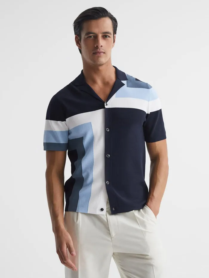 Reiss Shirts Suffolk Cuban Collar Colourblock Shirt Navy 8211 Men