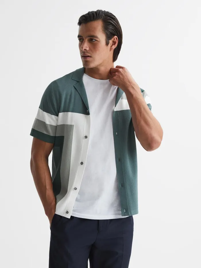 Reiss Shirts Suffolk Cuban Collar Colourblock Shirt Sage 8211 Men