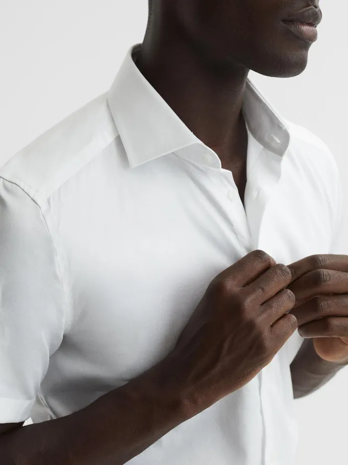 Reiss Shirts Tristan Slim Fit Cotton Satin Short Sleeve Shirt White 8211 Men