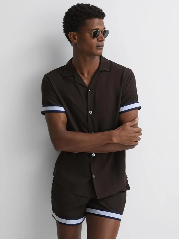 Reiss Shirts Valbonne Reiss Ch Contrast Cuff Cuban Collar Shirt Chocolatenavy 8211 Men
