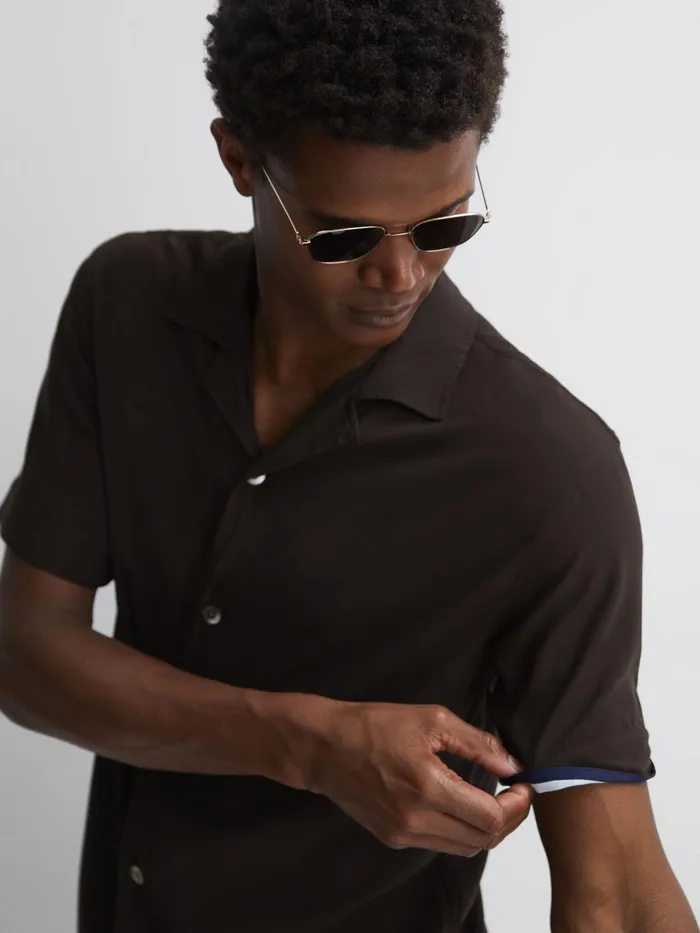 Reiss Shirts Valbonne Reiss Ch Contrast Cuff Cuban Collar Shirt Chocolatenavy 8211 Men