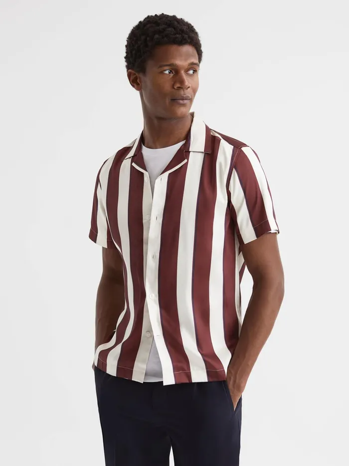 Reiss Shirts Virginia Slim Fit Cuban Collar Striped Shirt Rust 8211 Men