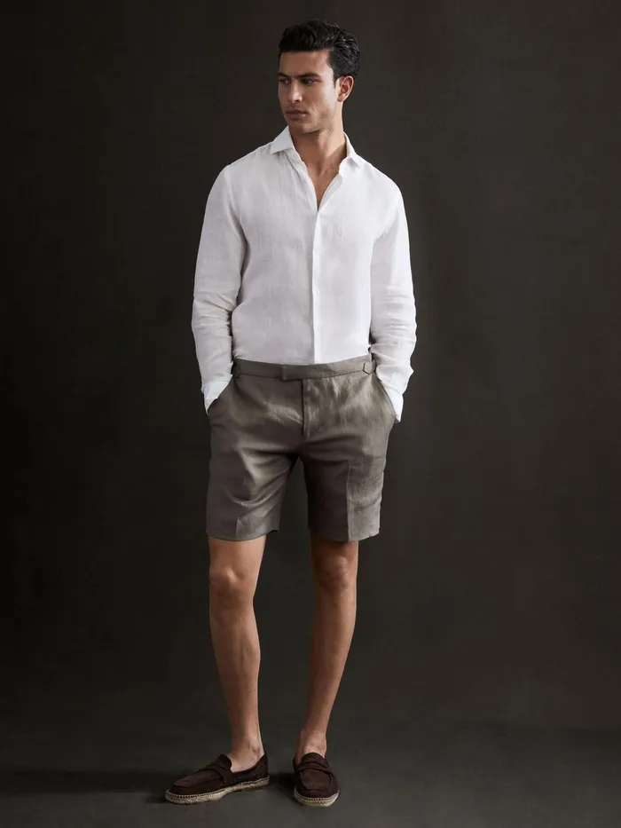 Reiss Shorts Searcy Linen Side Adjuster Shorts Olive 8211 Men