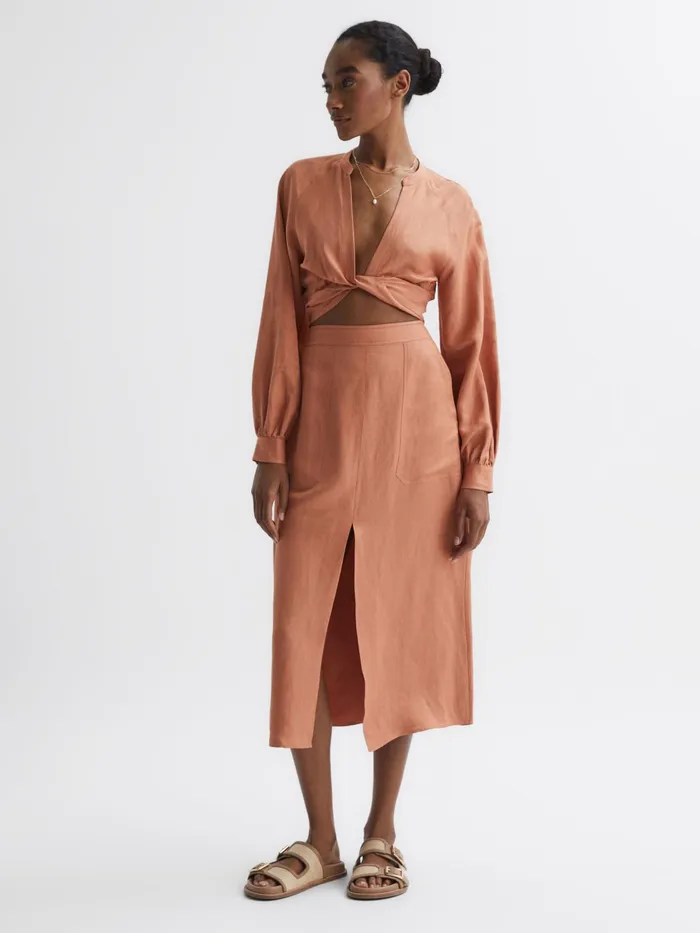 Reiss Skirts Axelle Linen High Rise Skirt Rust 8211 Women