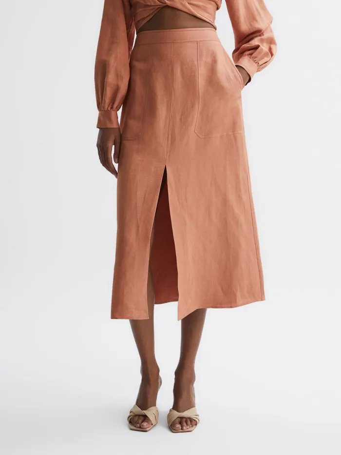 Reiss Skirts Axelle Linen High Rise Skirt Rust 8211 Women