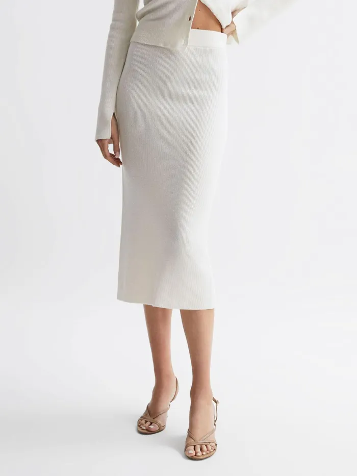 Reiss Skirts Fern Knitted High Rise Midi Skirt Cream 8211 Women