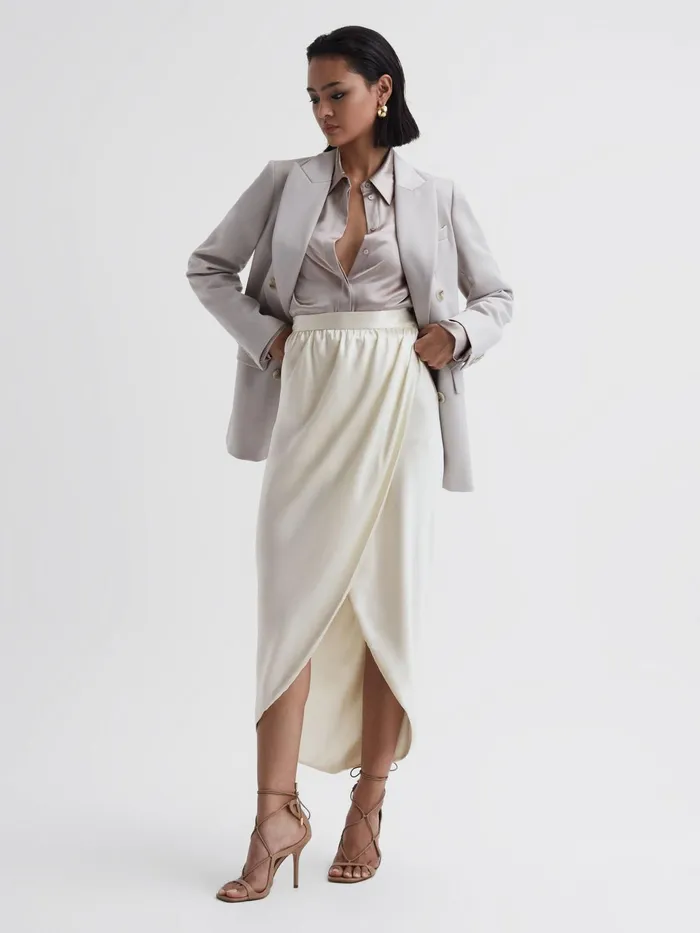 Reiss Skirts Tyra Silk HighLow Wrap Skirt Ivory 8211 Women