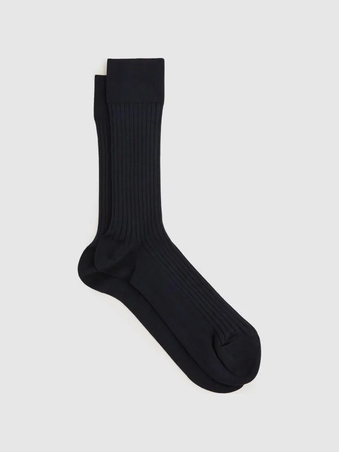 Reiss Socks and Underwear Feli Ribbed Mercerised Cotton Blend Socks Navy 8211 Men