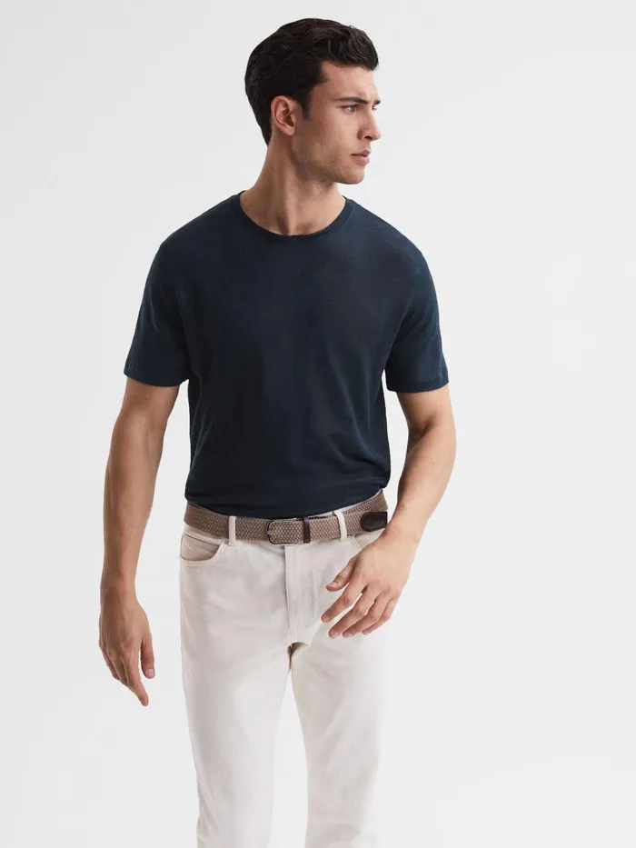 Reiss TShirts Venice Linen Crew Neck TShirt Navy 8211 Men