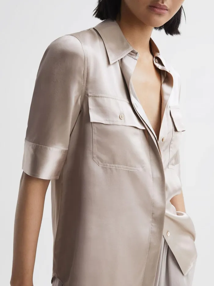 Reiss Tops Aubrey Silk Short Sleeve Button Through Shirt Champagne 8211 Women