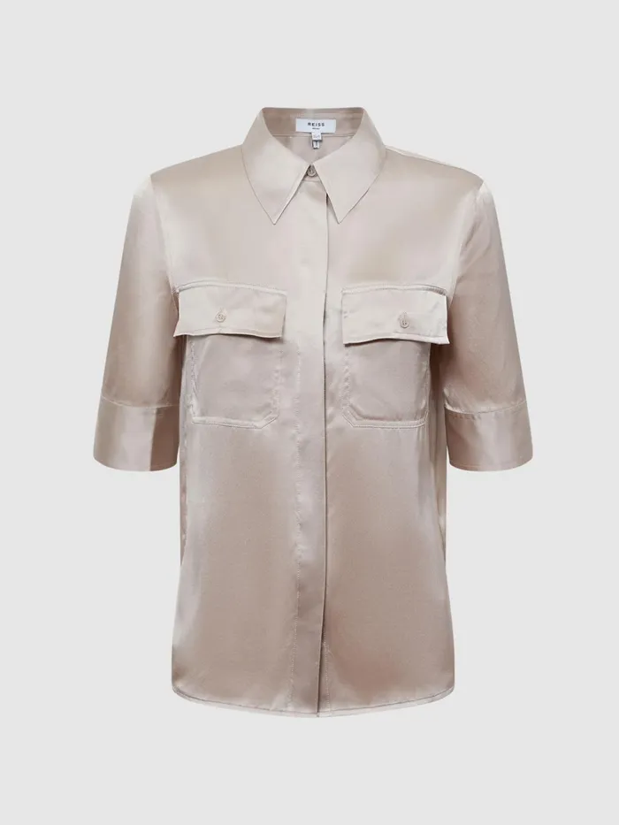 Reiss Tops Aubrey Silk Short Sleeve Button Through Shirt Champagne 8211 Women