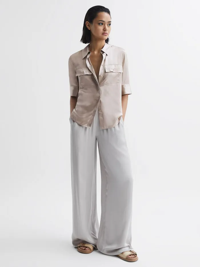 Reiss Tops Aubrey Silk Short Sleeve Button Through Shirt Champagne 8211 Women