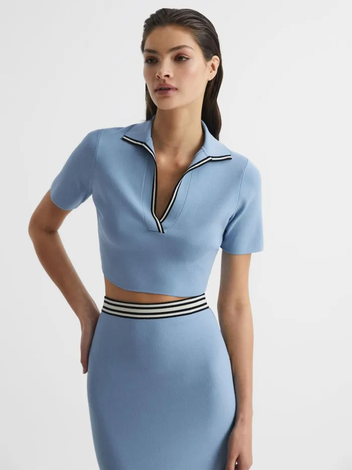 Reiss Tops Brooke Cropped Polo Shirt CoOrd Blue 8211 Women