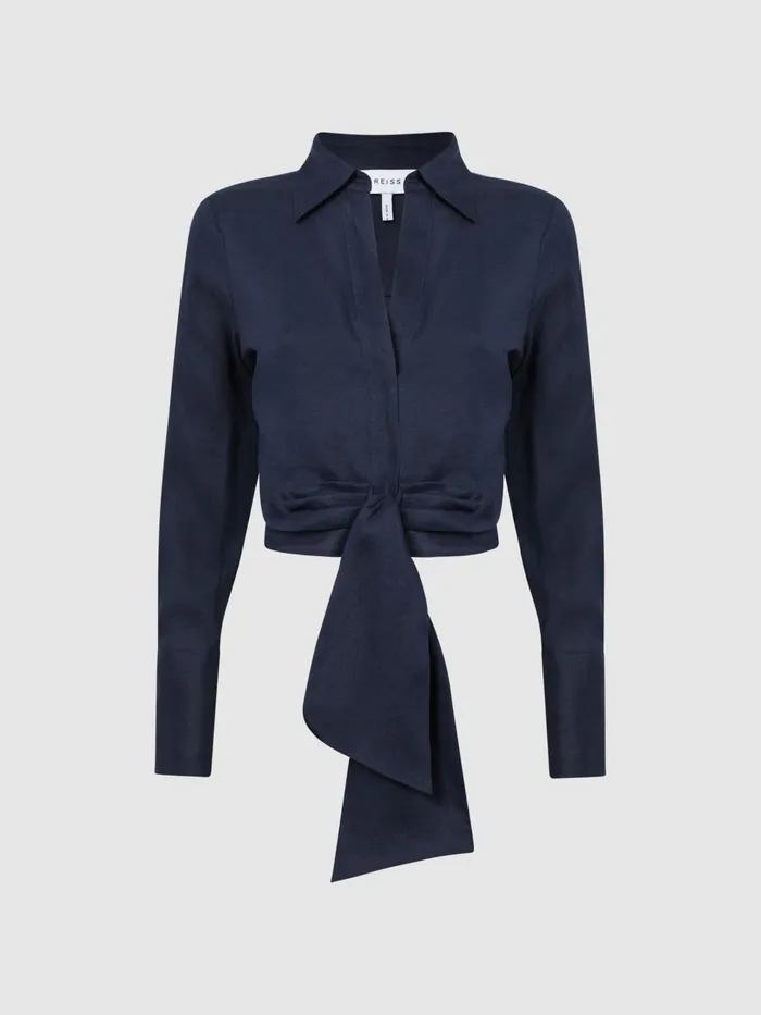 Reiss Tops Dahlia Linen Cropped Tie Front Blouse Navy 8211 Women