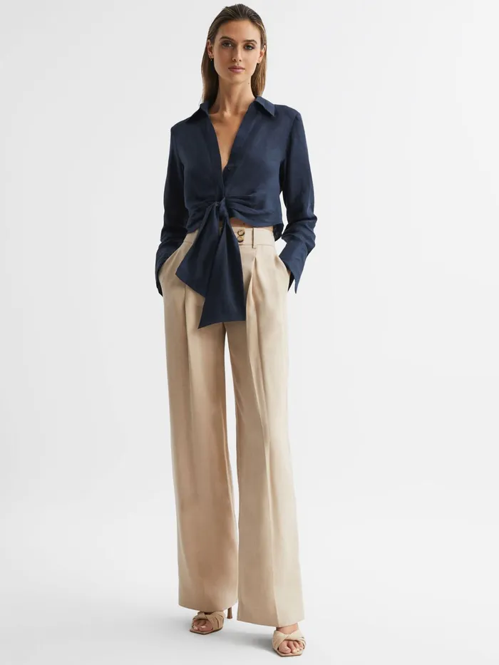 Reiss Tops Dahlia Linen Cropped Tie Front Blouse Navy 8211 Women
