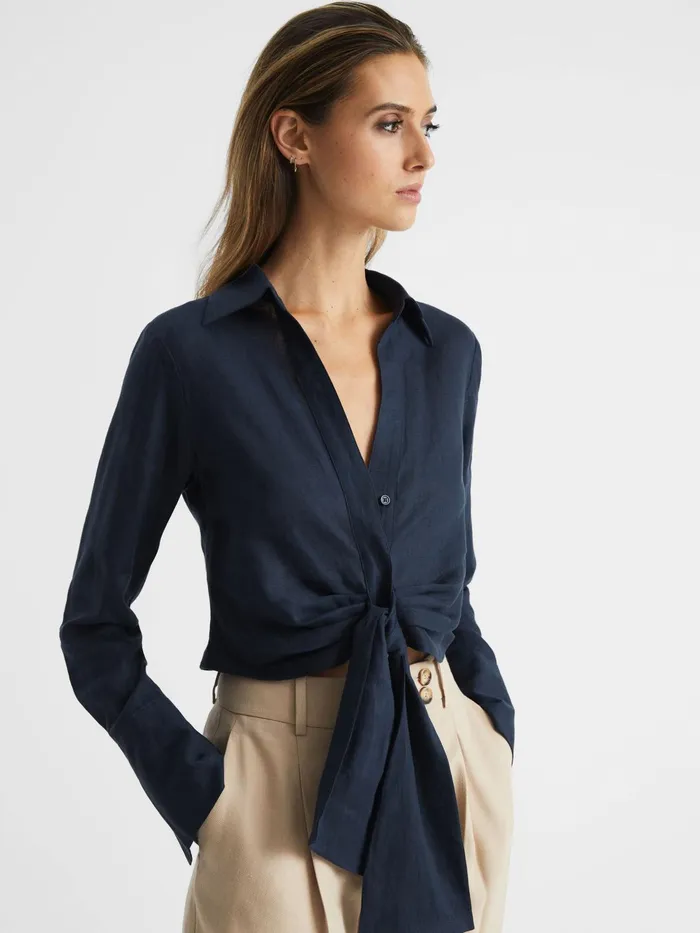 Reiss Tops Dahlia Linen Cropped Tie Front Blouse Navy 8211 Women