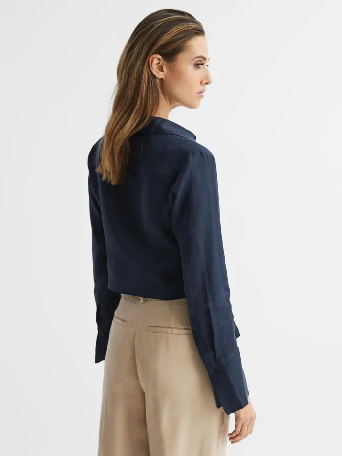 Reiss Tops Dahlia Linen Cropped Tie Front Blouse Navy 8211 Women