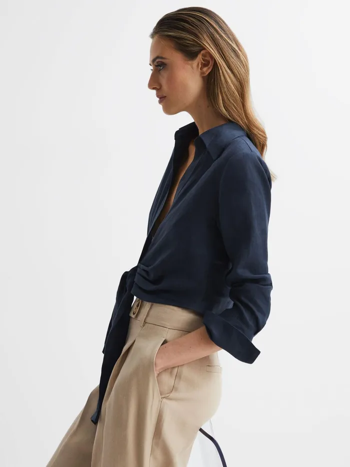 Reiss Tops Dahlia Linen Cropped Tie Front Blouse Navy 8211 Women