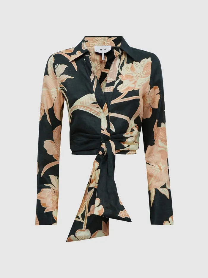 Reiss Tops Dahlia Print Linen Cropped Tie Front Blouse Khaki 8211 Women