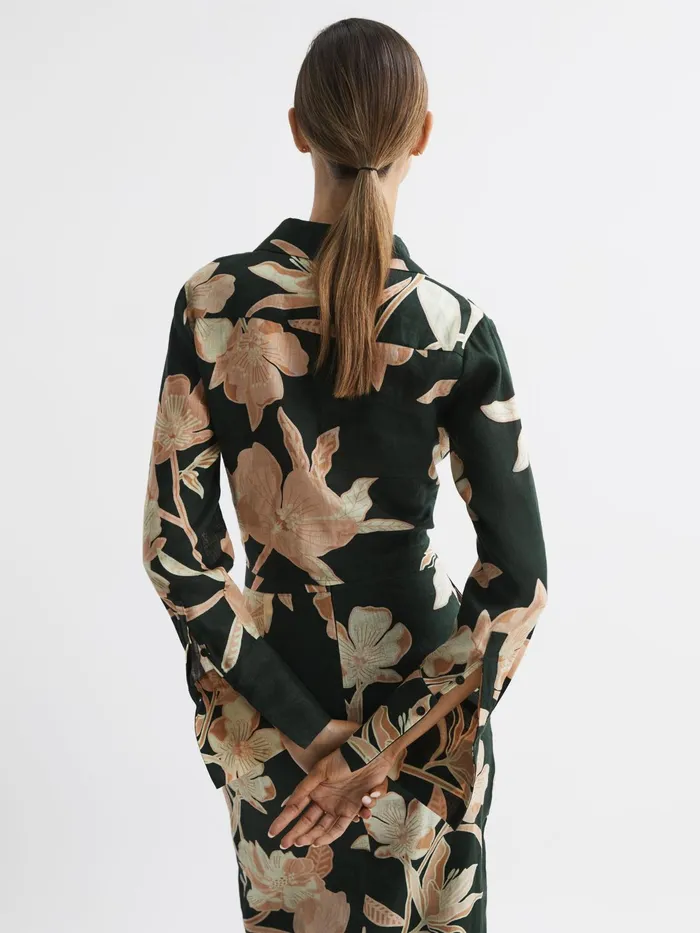 Reiss Tops Dahlia Print Linen Cropped Tie Front Blouse Khaki 8211 Women