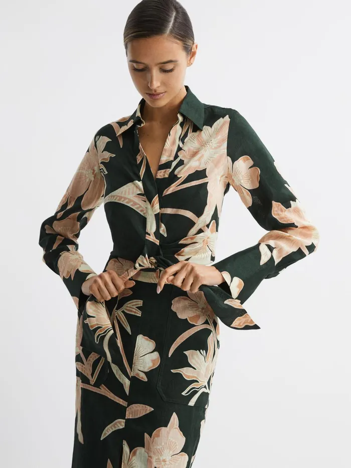 Reiss Tops Dahlia Print Linen Cropped Tie Front Blouse Khaki 8211 Women