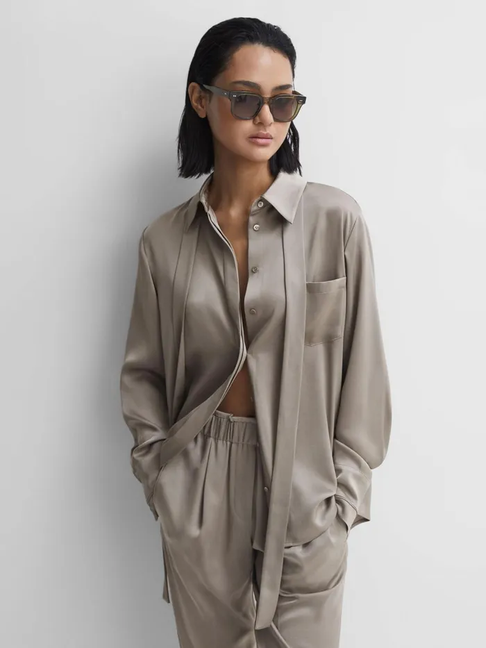 Reiss Tops Elaina Satin Long Sleeve Neck Tie Blouse Mink 8211 Women
