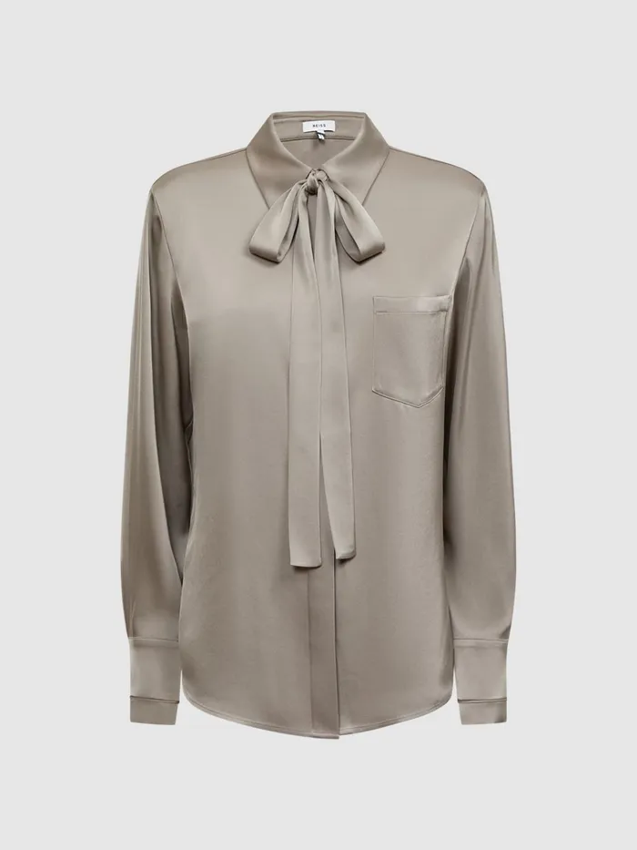 Reiss Tops Elaina Satin Long Sleeve Neck Tie Blouse Mink 8211 Women