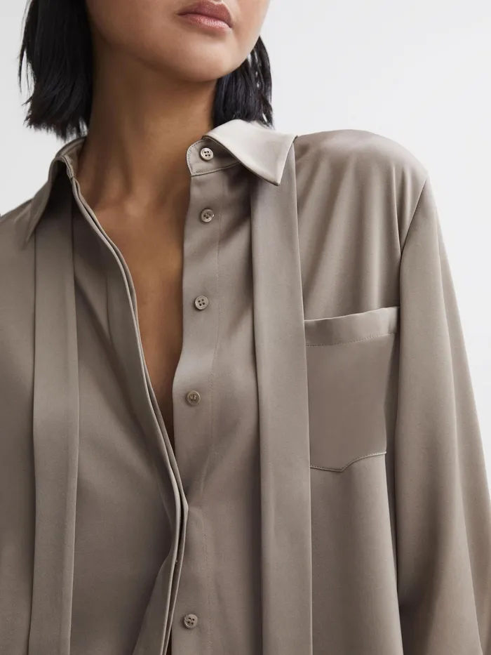 Reiss Tops Elaina Satin Long Sleeve Neck Tie Blouse Mink 8211 Women