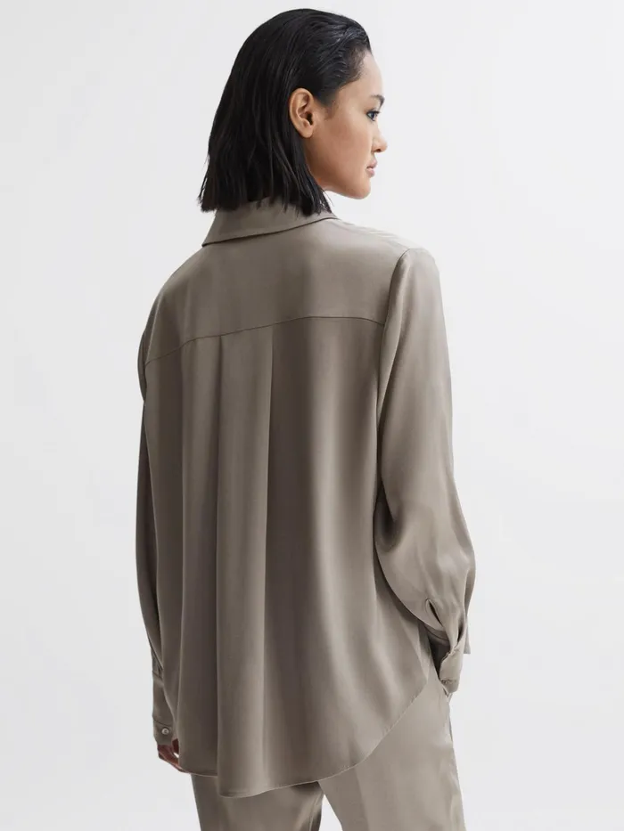 Reiss Tops Elaina Satin Long Sleeve Neck Tie Blouse Mink 8211 Women