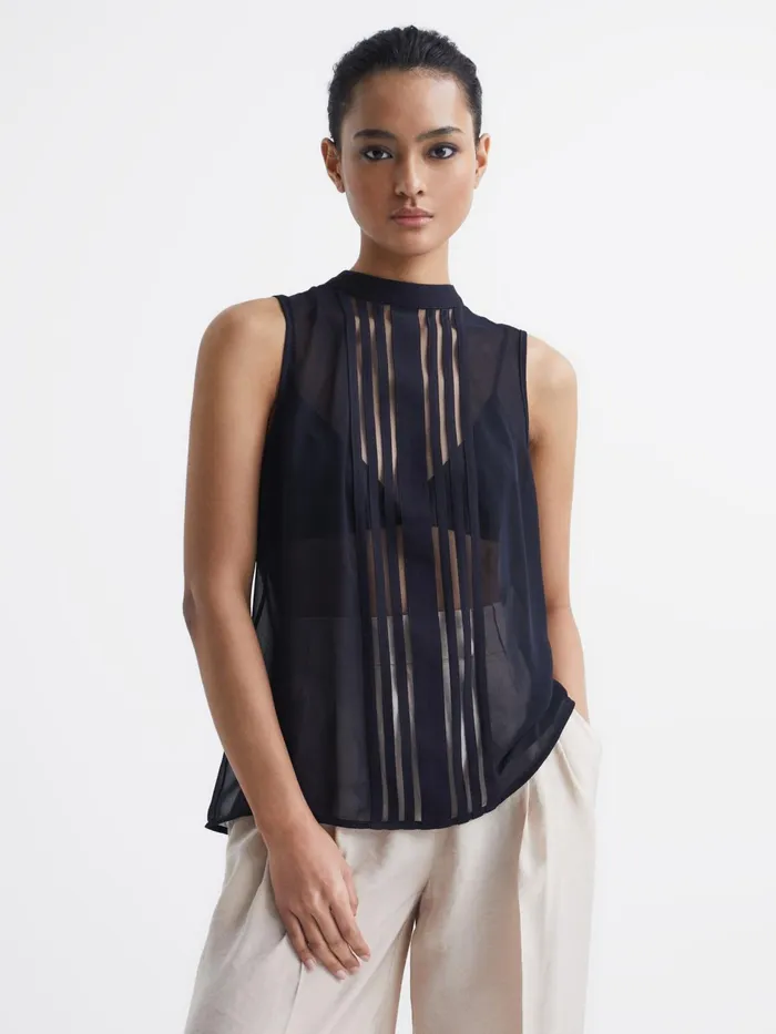 Reiss Tops Emery Sheer Striped Sleeveless Blouse Navy 8211 Women
