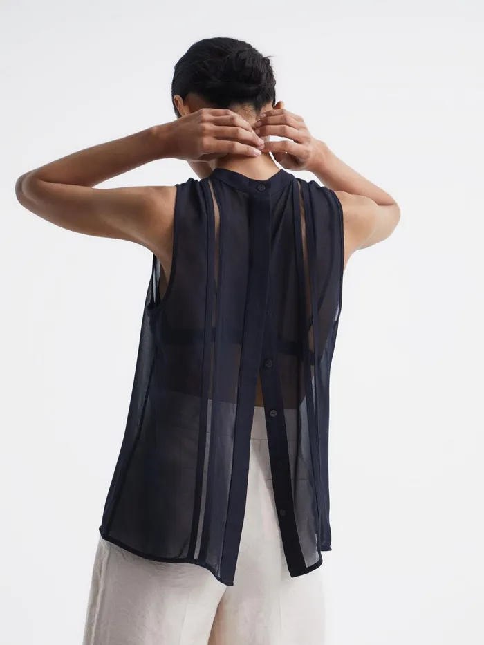 Reiss Tops Emery Sheer Striped Sleeveless Blouse Navy 8211 Women