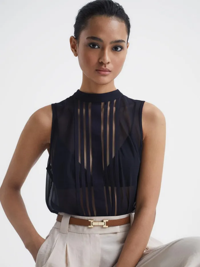 Reiss Tops Emery Sheer Striped Sleeveless Blouse Navy 8211 Women