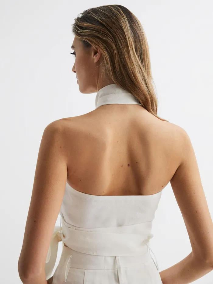 Reiss Tops Hollie Halter Neck Linen Blend Crop Top White 8211 Women