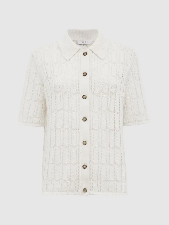 Reiss Tops Savannah Short Sleeve Crochet Shirt Ivory 8211 Women