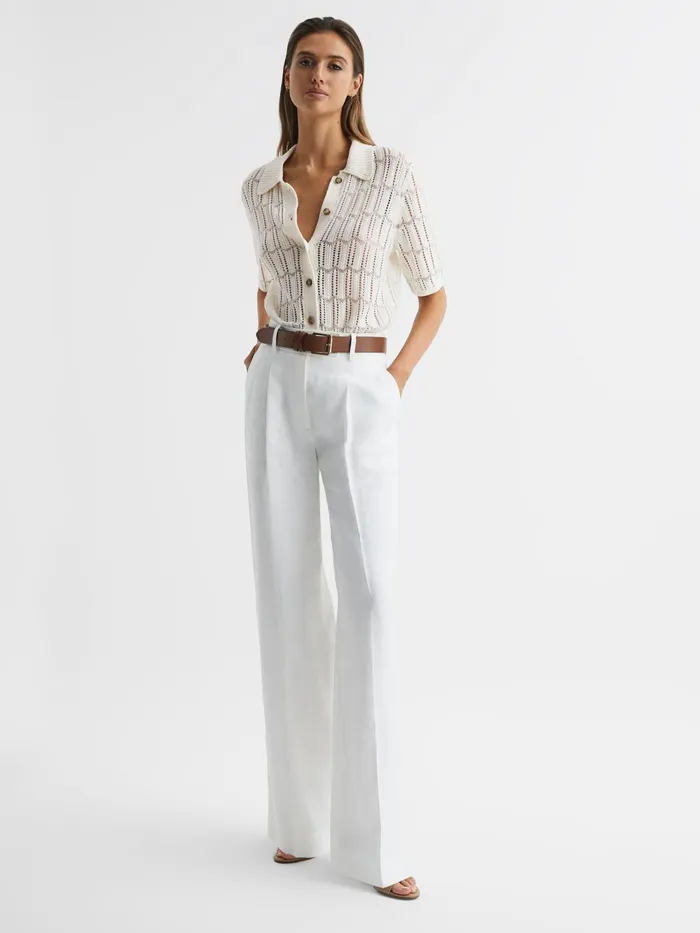 Reiss Tops Savannah Short Sleeve Crochet Shirt Ivory 8211 Women